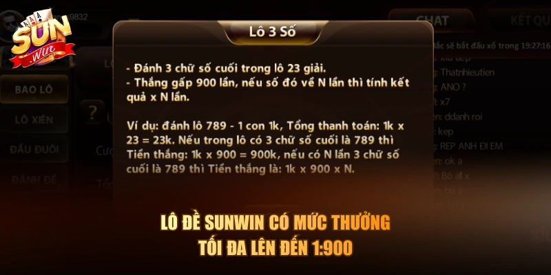 Lô Đề Sun win có mức thưởng tối đa lên đến 1:900